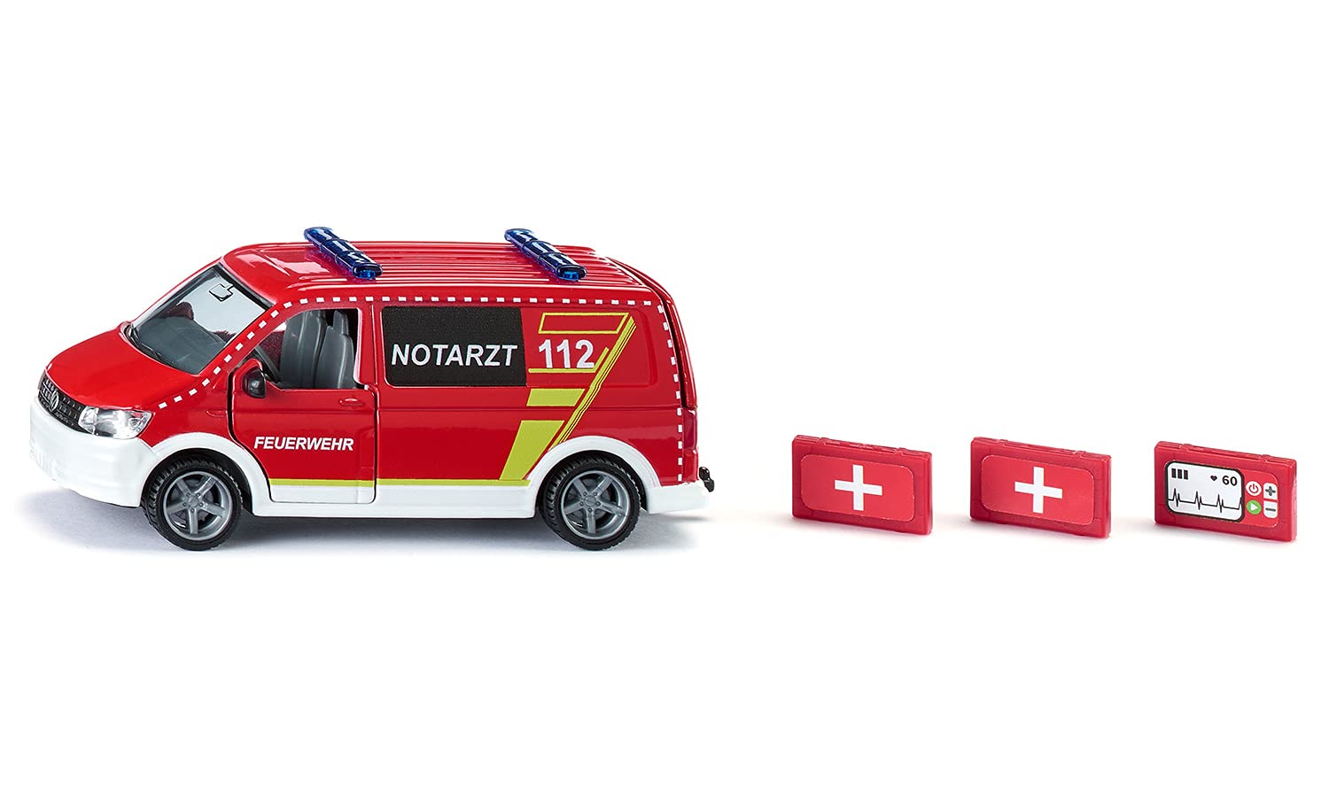 siku 2116, VW T6 Emergency Car, Metal,Plastic, 1:50, Red,White, Interchangeable wheels, Driver and passenger door and tailgate can be opened, Incl. accessories