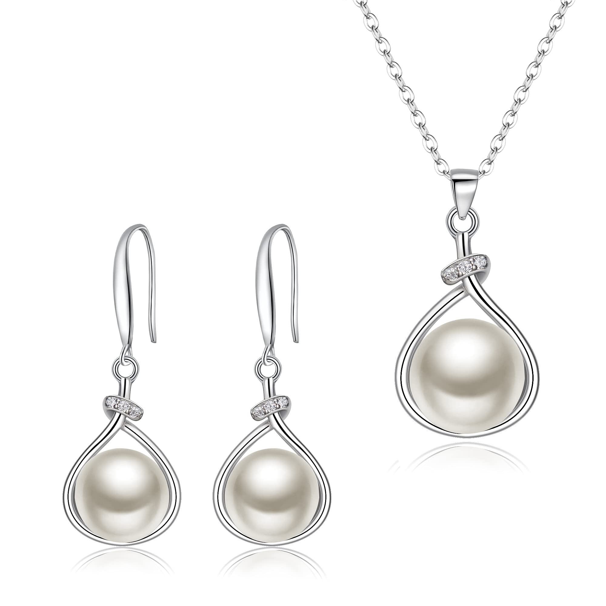 Clearine Wedding Bridal 925 Sterling Sliver CZ Freshwater Pearl Single Row Pendant Necklace Dangle Hook Earrings Set, Valentine’s Day/Birthday/Christmas/Mother's Day Jewellery Gift for Mom/Wife/Women
