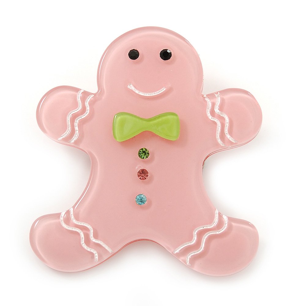 Baby Pink Austrian Crystal Acrylic 'Gingerbread Man' Brooch - 45mm Length