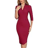 MUXXN Women's 1950s Retro 3/4 Sleeve V Neck Midi Sheath Vintage Cocktail Work Pencil Dresses