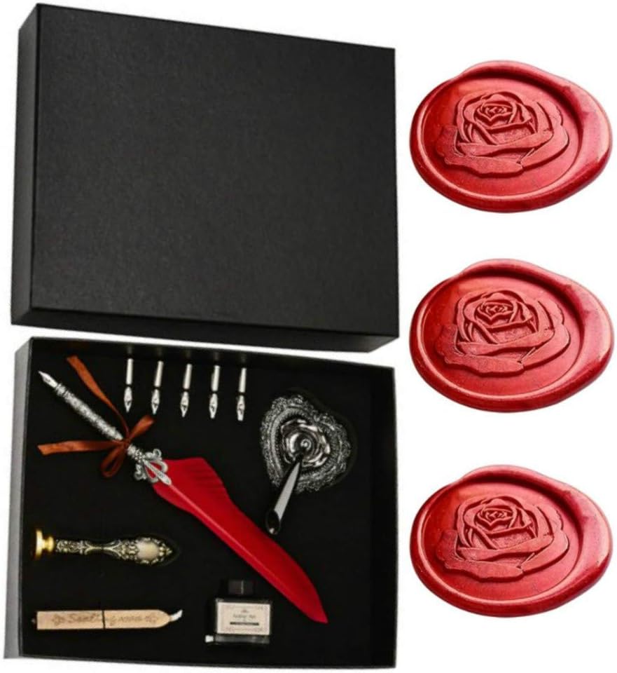 Feather Dip Pen Set, VIHOME Rose Wax Seal Stamp with Quill Pen 5 Nibs Ink Pen Holder Writing Calligraphy Pen Kit in Gift Box for Christmas and Birthday (Wine Red Pen Stamp Set)