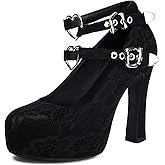 graceretro Women's Mary Jane Gothic Close Round Toe Platform Pump High Heels Double Heart Shape Anckle Straps Shoes