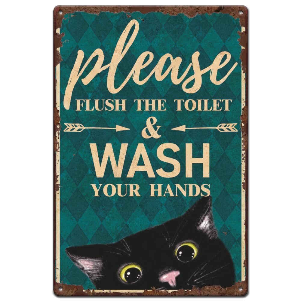 SUPERDANT Cat Bathroom Metal Signs Wash Your Hands Tin Sign Flush the Toilet Sign Funny Signs and Plaques Bathroom Wall Art for Man Cave Toilet Vintage Decor