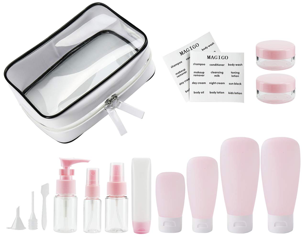 MAGIGO Pink Toiletries Leak Proof Travel Bottle Set (16 Pack), TSA Approved Airline Carry-On with Clear Bags for Women