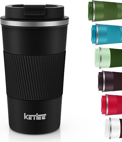 KETIEE 510ml Insulated Travel Mug Leakproof Lid Stainless Steel Black