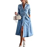 chouyatou Women's 2025 Long Sleeve Belted Denim Shirt Dress A-Line Business Casual Midi Long Denim Coat