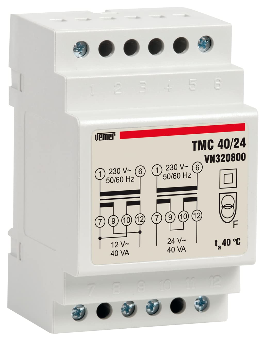 VEMER VN320800 model TMC 40/24 DIN-rail mounting safety transformer for continuous service 230V/12-24V. Color Grey — image 1