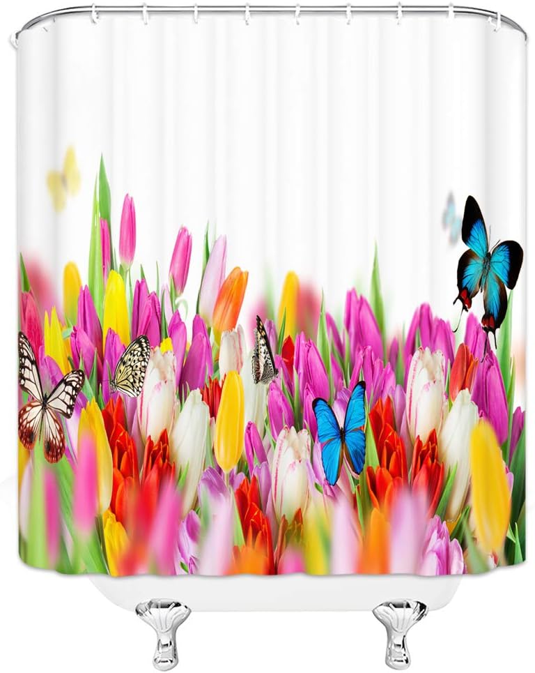 AMHNF Butterfly Shower Curtain Tulip Flower Butterfly Spring Floral Garden Home Bathroom Decor Quick Dry Fabric with 12 Hooks，70x70 Inch，Pink Purple