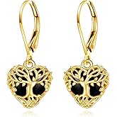 14K Tree of Life Earrings Black Onyx Gold Leverback Dangle Drop Earrings Jewelry
