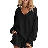 Ovanviso Womens Fleece Lined V Neck Sweatshirts Oversized Pullover Trendy Fashion Sweater Loose Fit Tops