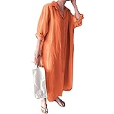 GGUHHU Womens Chic Button Down Rolled-Up Sleeve Long Cotton Blouse Maxi Dress (Large, Orange)