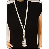 Vintage Pearl Y Necklace with Heart Cube Ball Pendant Tassel, Long Lariat Fringe Statement Necklace for Women, Dainty Geometric Faux Pearl Sweater Chain Jewelry