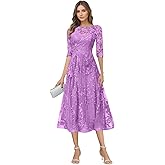 DLWPSC Tea Length Mother of The Bride Dresses 3/4 Sleeve Lace Tulle Scoop Neck Formal Evening Gowns