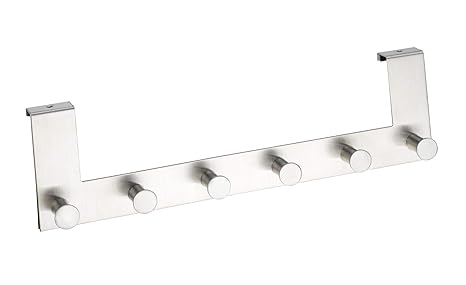 WENKO 4468060100 Celano Türgarderobe Edelstahl, Hakenleiste mit 6 Haken, für Türfalzstärken bis 2 cm, Edelstahl rostfrei, 39 