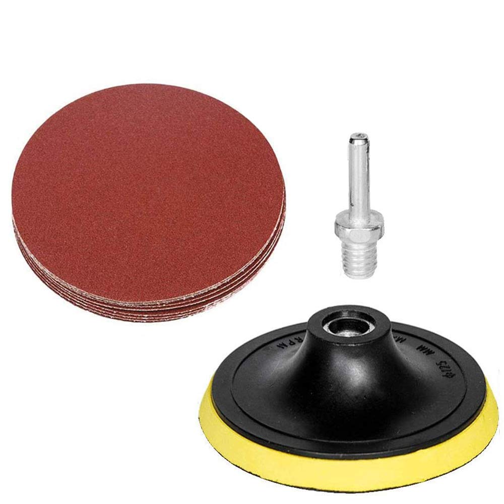 HIFROM 5-Inch/125mm Hook and Loop Backing Pad M14 Drill Adapter,50 Pieces NO-Hole 60 Grit Sandpaper Assortment for Random Orbital Sander Grinder Pads