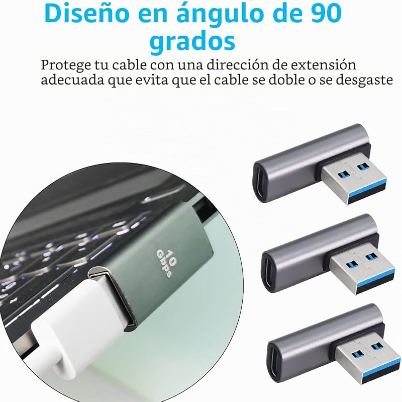 Adaptador USB 3.1 10Gbps 90 graus macho para fêmea Tipo-C – Transferência de Dados OTG para Tablet Portátil – Pack de 3 (Prateado)