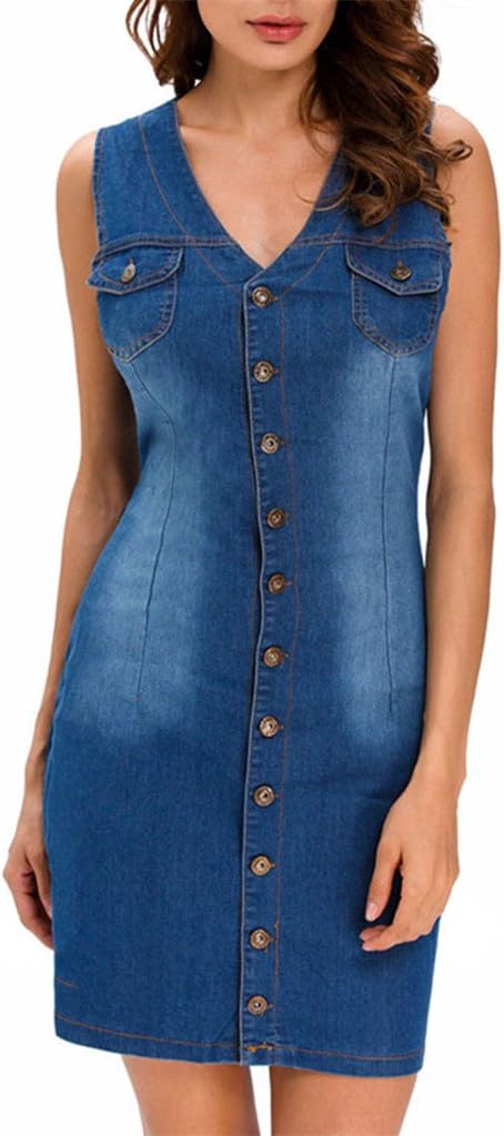 Season Show Women's Sleeveless Button Down Denim Midi Dress Jumper Skirt