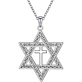 FLYOW S925 Sterling Silver Star of David Necklace Black Oxidized Necklace Religous Christian Goth Jewish Hexagram Jewelry Birthday Gift for Women Men
