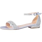 SheSole Women's Rhinestone Low Block Heel Sandals Sparkly Ankle Strap Sandal Bridal Wedding Dress Shoes Silver Gold White