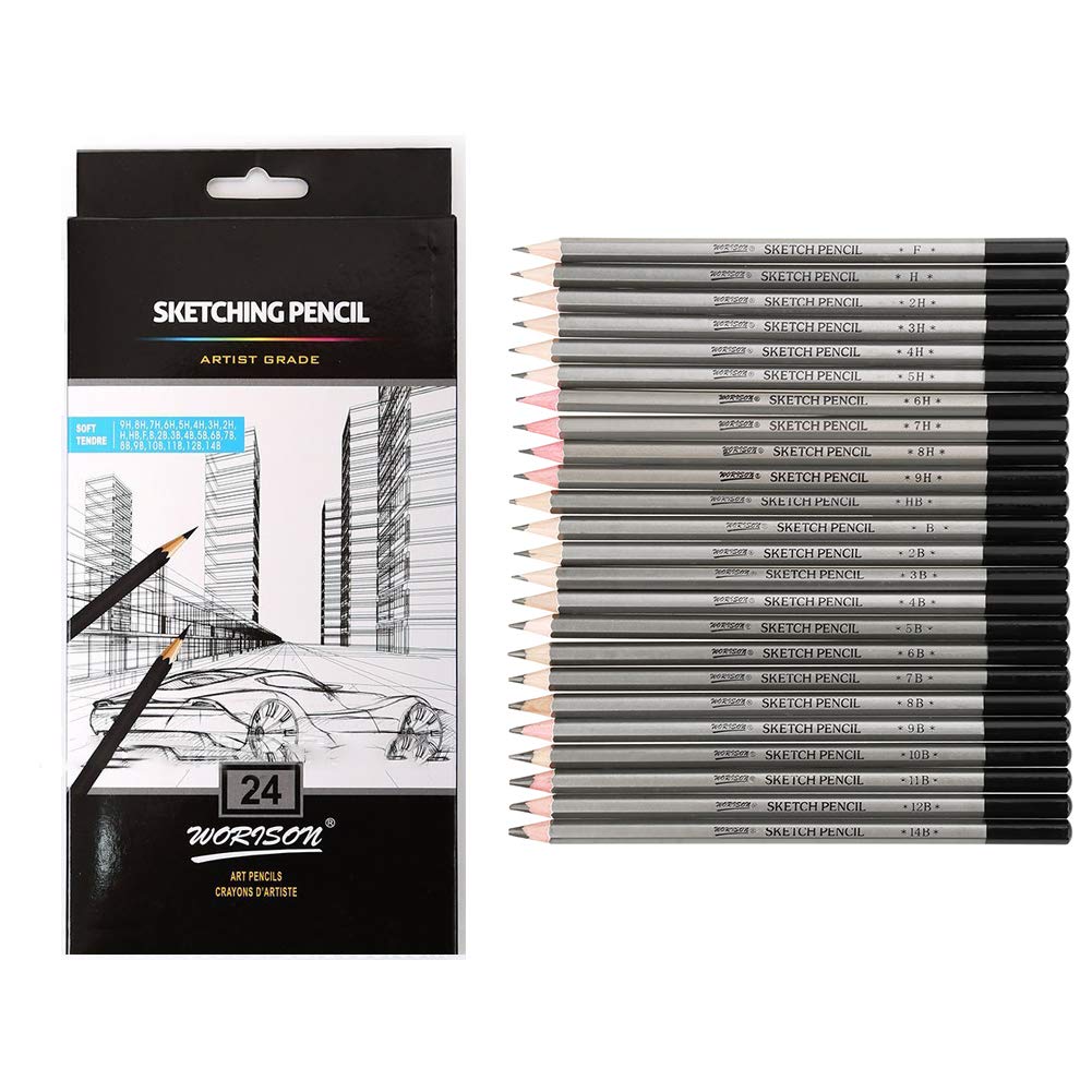 Drawing Pencils Set, 24Pcs Sketch Art Graphite Drawing Pencils with 9H to 14B Grades for Artists Students Professionals Beginners Mixed Media Art Projects Schoo