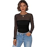 Women's Sexy Sheer Mesh Long Sleeve Tops Crew Neck Double Layered Tee Shirts Fall Fashion Going Out Tops Lace Blouse