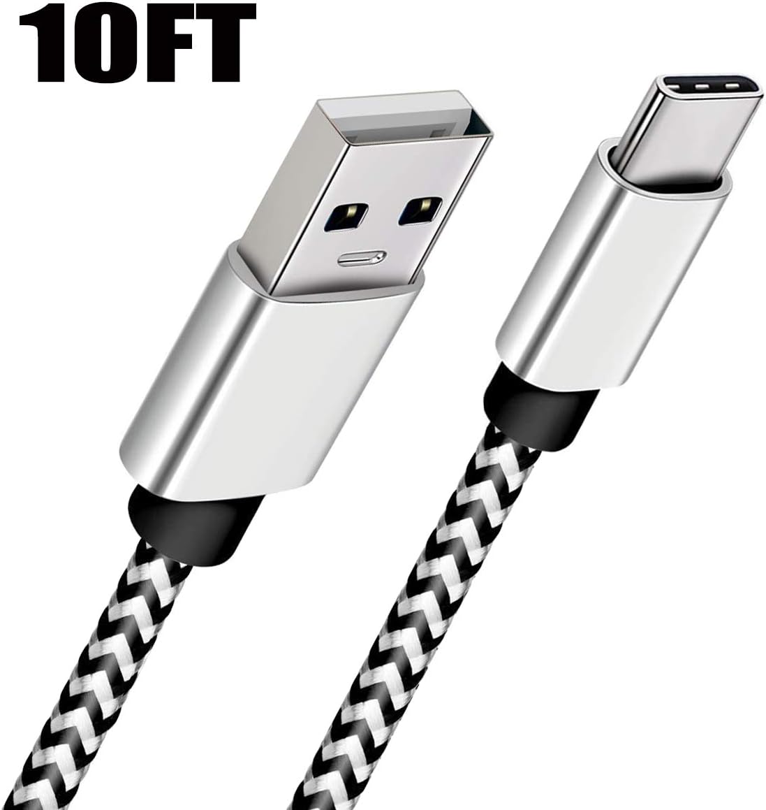 USB Type C Charger Cable 10Ft Extra Long Nylon Braided Fast Charging Cord for Samsung Galaxy A10e A20 A21 A11 A50 A51 A71 S20 S10e S20 S10 S9 S8 Note10 9 8 Samsung Tab A 10.5"(2018) 10.1"(2019) White