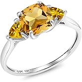 Gem Stone King 10K White Gold Yellow Citrine 3-Stone Engagement Ring For Women | 1.80 Cttw | 7MM Cushion and 4MM Trillion | 3 Stone Wedding Engagement Anniversary Promise Ring For Women