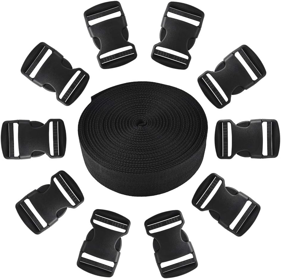 Jalan 50mm x 11 yards Nylon Heavy Webbing Straps with 10 Pack Buckles for DIY Craft, Backpacks strapping, Harnesses, Slings, Dog Collars, Tow Ropes - Black