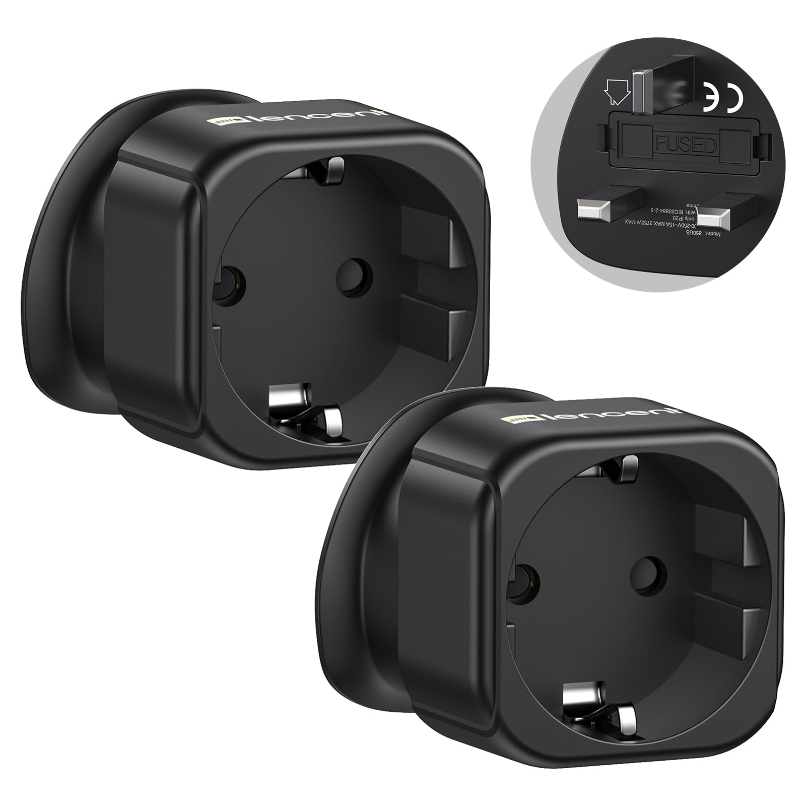 LENCENT 2X EU to UK Plug Adapter, Europe Schuko 2 Pin to 3 Pin UK Travel Adaptor, European Euro to British Adapter- Black