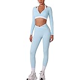ABOCIW Workout Sets for Women Long Sleeve Crop Top Scrunch Butt Lifting High Waist Leggings with Pockets 2 Piece Outfits