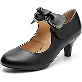 LIURUIJIA Women's Bow Heels Mary Jane Kitten Heel Pumps Round Toe Low Heels Ankle Strap Wedding Evening Party Dress Shoes