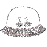 Oxidized Punk Traditional Indian Jewellery Set for Women Boho Bollywood Beads Earring Dangle Tassels Choker Necklace Turquoise Crystal Ethnic Wedding Party Jewelry Gift Daily Wear Birthday