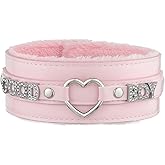 ADEMISHIA Pink Furry Heart O-ring Leather Choker Collar For Women, Handmade Punk Gothic Letter Necklace Adjustable Fashion Jewelry