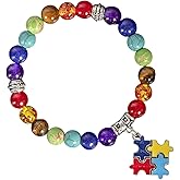 xuzhiyuan 7 Chakra Gemstone Autism Awareness Bracelet Colorful Beaded Heart Ribbon Puzzle Piece Pendant Bracelet Natural Stone Yoga Stretch Bracelet for Women Men