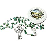 Irish Rosary Set Green Acrylic Bead with Metal Celtic Crucifix with Ireland Scene Case for First Communion or Saint Patricks Day