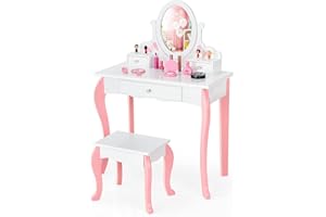 KOTEK Kids Vanity Set w/Mirror and Stool, 2 in 1 Wooden Princess Makeup Dressing Table w/ 360° Rotating Mirror, Detachable Top & Storage Drawers, Pretend Play Vanity Table Set for Girls (White)