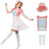 Jaugola Women Bo Peep Costume Shepherdess Polka Dot Dress Bonnet Bowtie Knee High Stockings Halloween Outfit for Adult