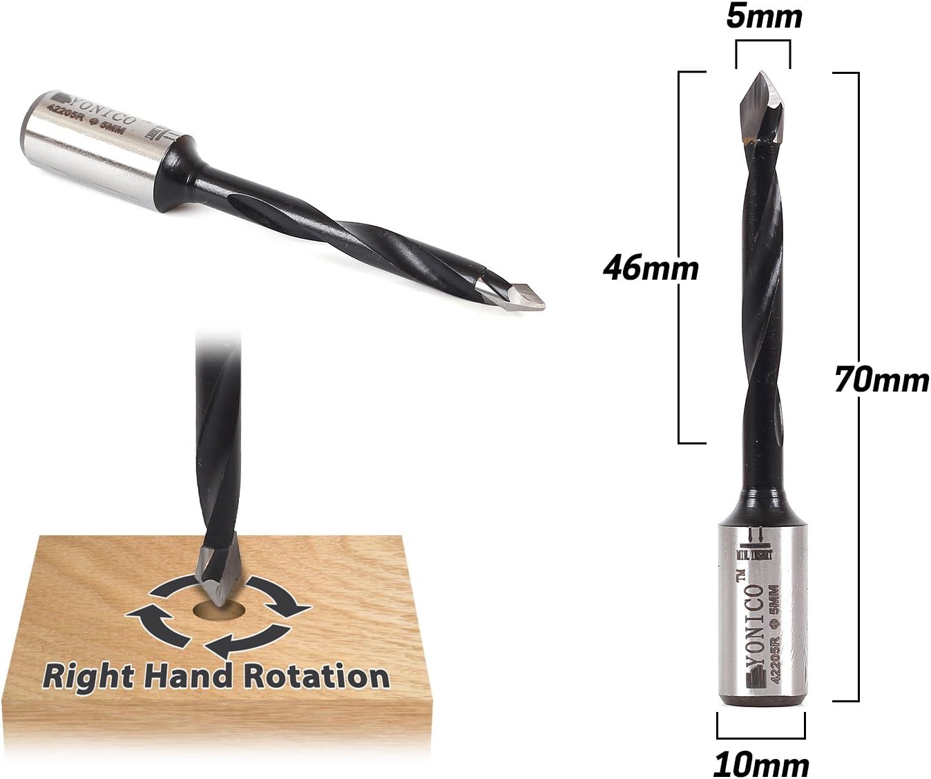 Yonico 42205R 5mm Through Hole Boring Bit - Right Hand - 70mm Length 10mm Shank, 5 mm - Image 3