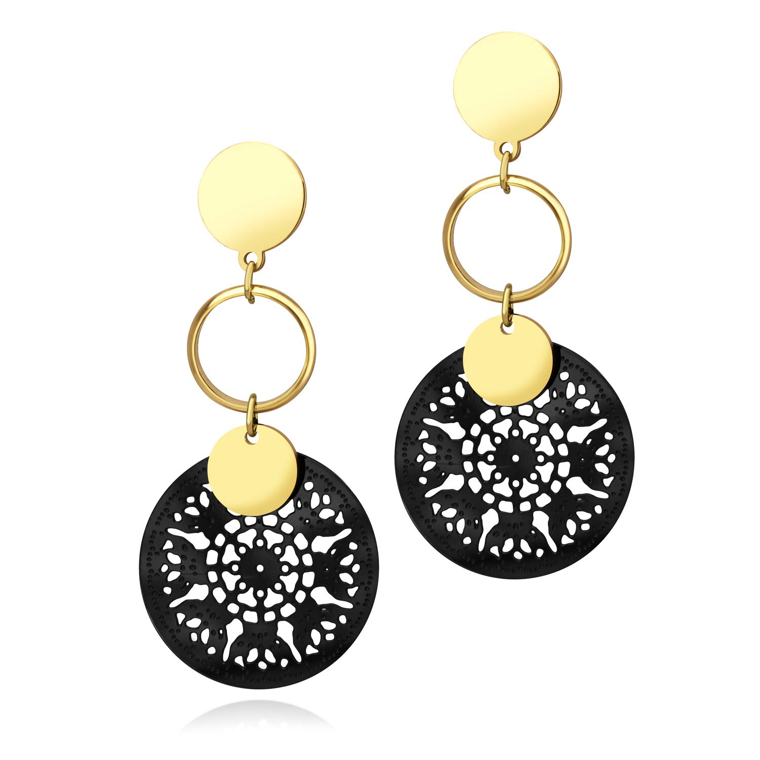 555Jewelry Stainless Steel Circle Drop Dangle Women Earrings, Filigree Earrings for Women, Chandelier Earrings, Hanging Earrings for Women Dangling Earrings for Ladies, Gold/Black