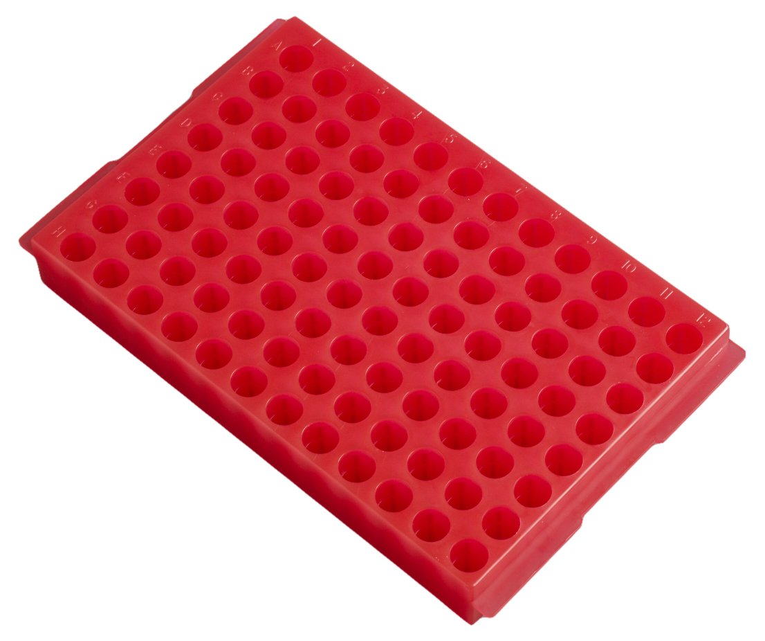 Camlab Plastics RTP/7110-96R 96 Well Polypropylene Reversible Rack, Red