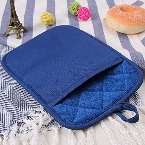 100% Cotton with Silicone Kitchen Everyday Basic Pot Holder Heat Resistant Coaster Potholder Oven Mitts with Pocket for Cooking and Baking Set of 2 Blue