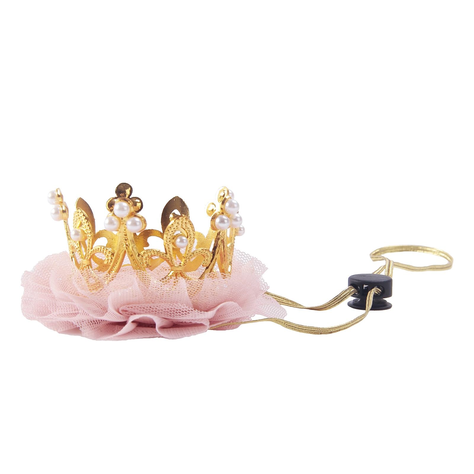 Nishine Gold/Silver Crown Headband for Dog Cat Pink Tulle Mesh Crown Tiara Pet Crown Hairband Hat Party Costume (Pearl&Gold)