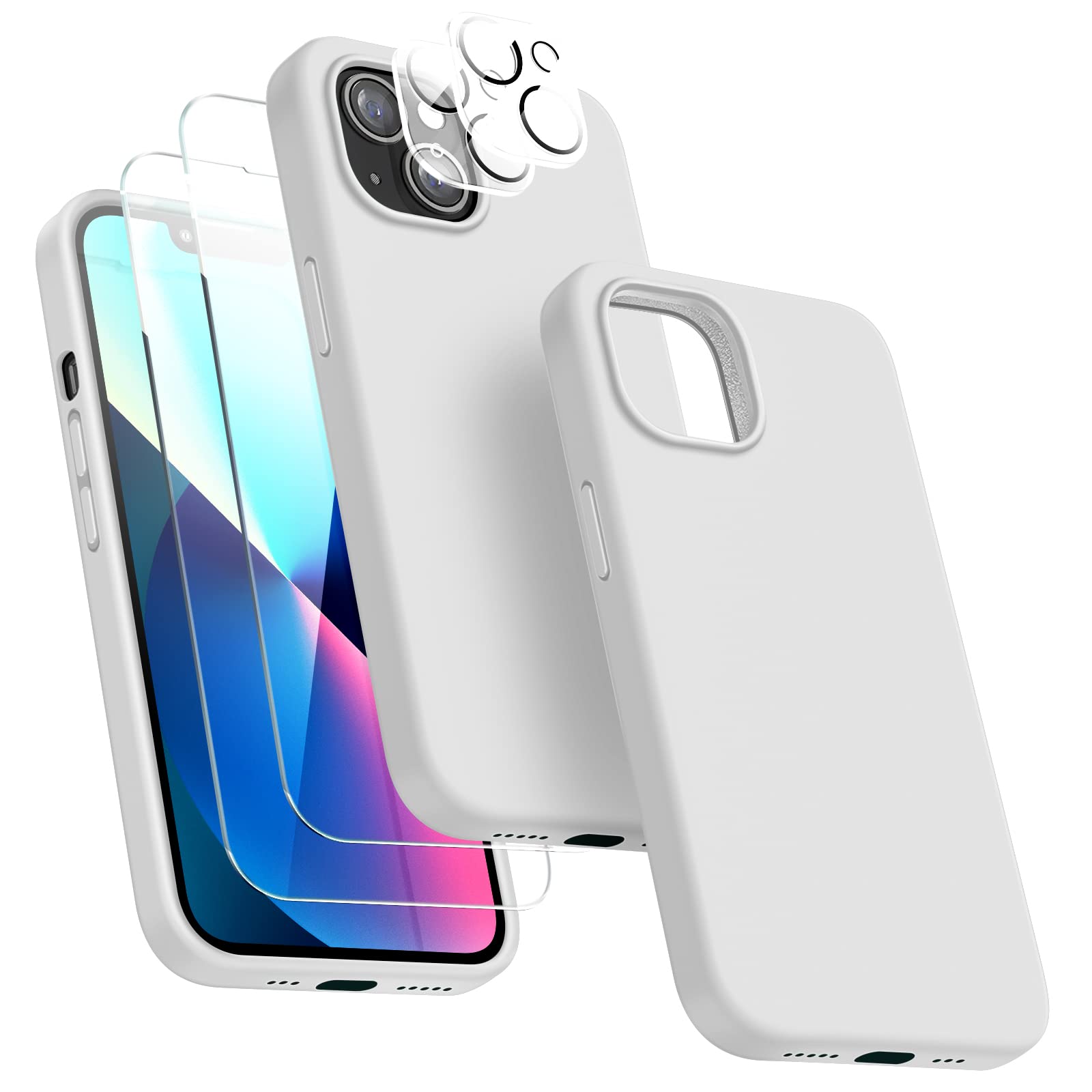 Dssairo 5 in 1 Designed for iPhone 13 Case, with 2 Pack Screen Protector,2 Pack Camera Lens Protector, Liquid Silicone Ultra Slim Shockproof Protective Phone Case Microfiber Lining 6.1,White