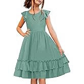 HOSIKA Girls Lace Flower Boho Ruffle Sleeve A-Line Tiered Summer Dress for Wedding Party with Pockets