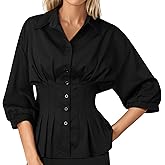 Nlife Women Peplum Tops Cinched Waist Button Down Shirt Collared 3/4 Sleeve Flattering Business Casual Work Office Blouse