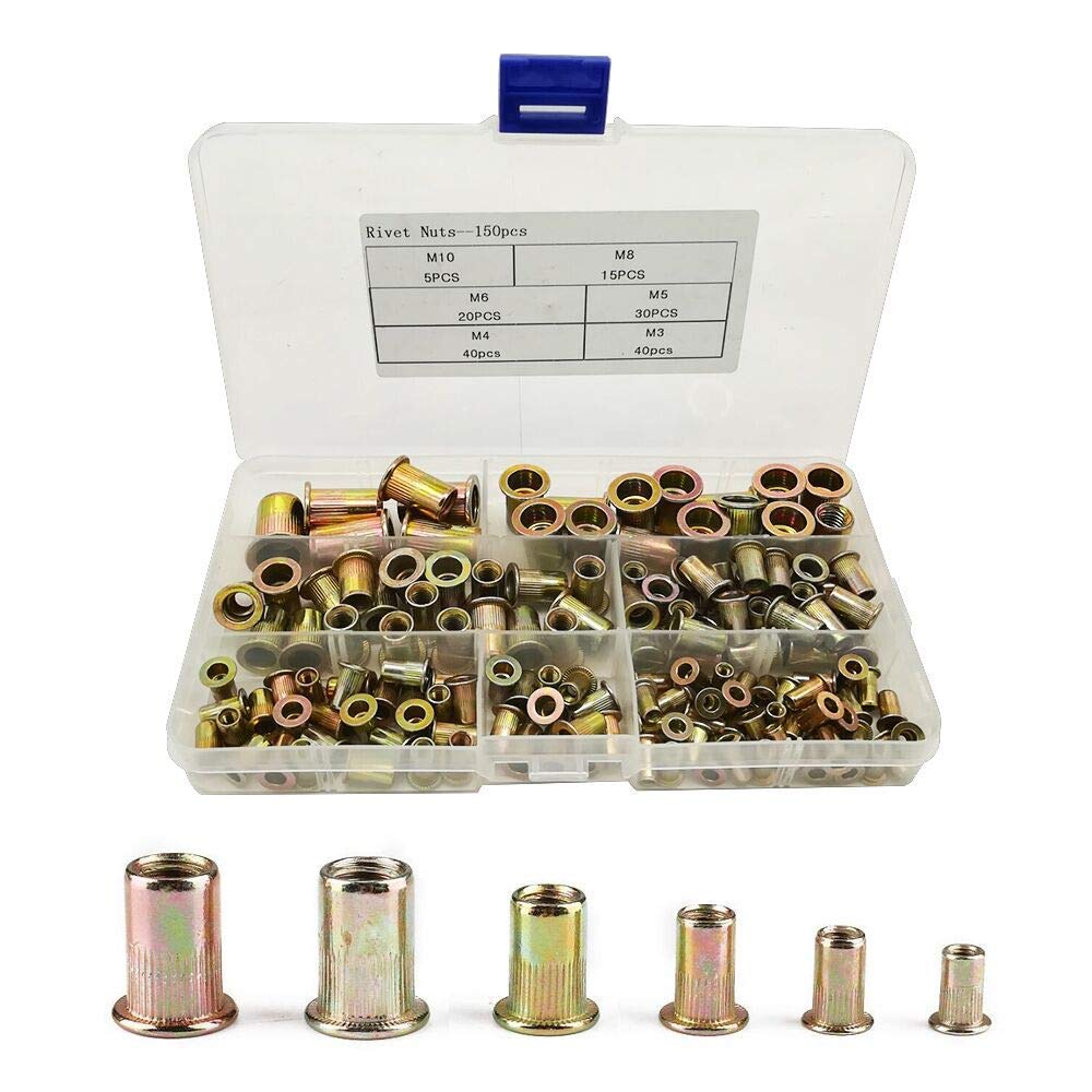 Rivet Nuts 150pcs Carbon Steel Threaded Rivet-Nut Insert Cap Assortment Kits M3 M4 M5 M6 M8 M10 Zinc Plated Flat Head Riveting Nuts