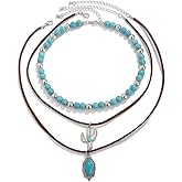 Fuqimanman2020 Boho Layered Western Necklaces for Women Cowgirl Cactus Turquoise Beaded Ox-head Hat Pendant Country Concert Jewelry