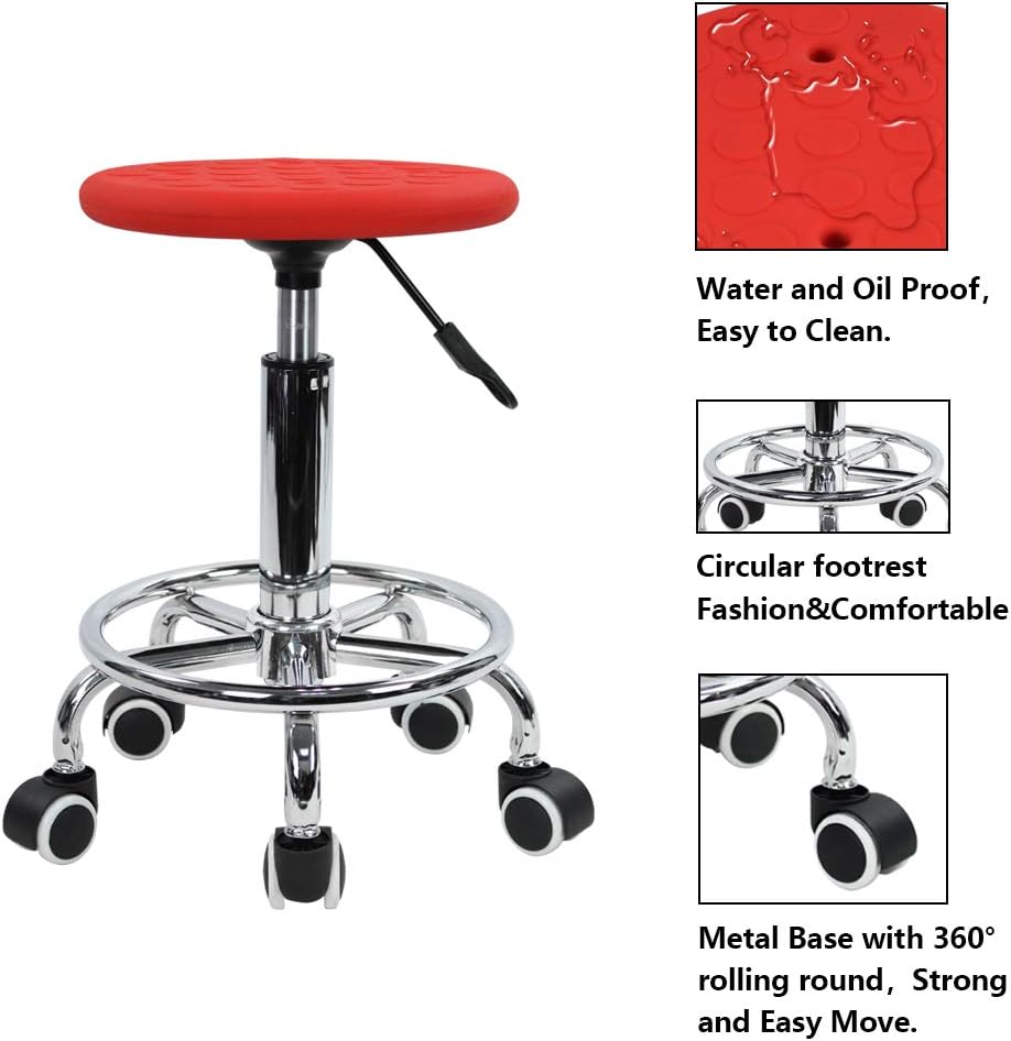 KKTONER PU Foam Rolling Stool with Footrest Height Adjustment Swivel Laboratory spa Salon Tattoo Work Anti-Static Stool Small (Red): Kitchen & Dining