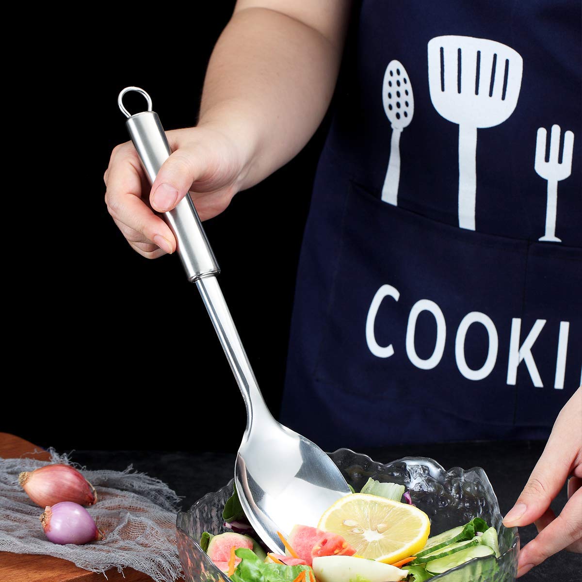 Berglander Solid Spoon, Stainless Steel Solid Cooking Spoons,Solid Serving, Kitchen Spoons, Spoon for Cooking, Basting Non-Stick And Heat Resistant, Dishwasher Safe (Silver)