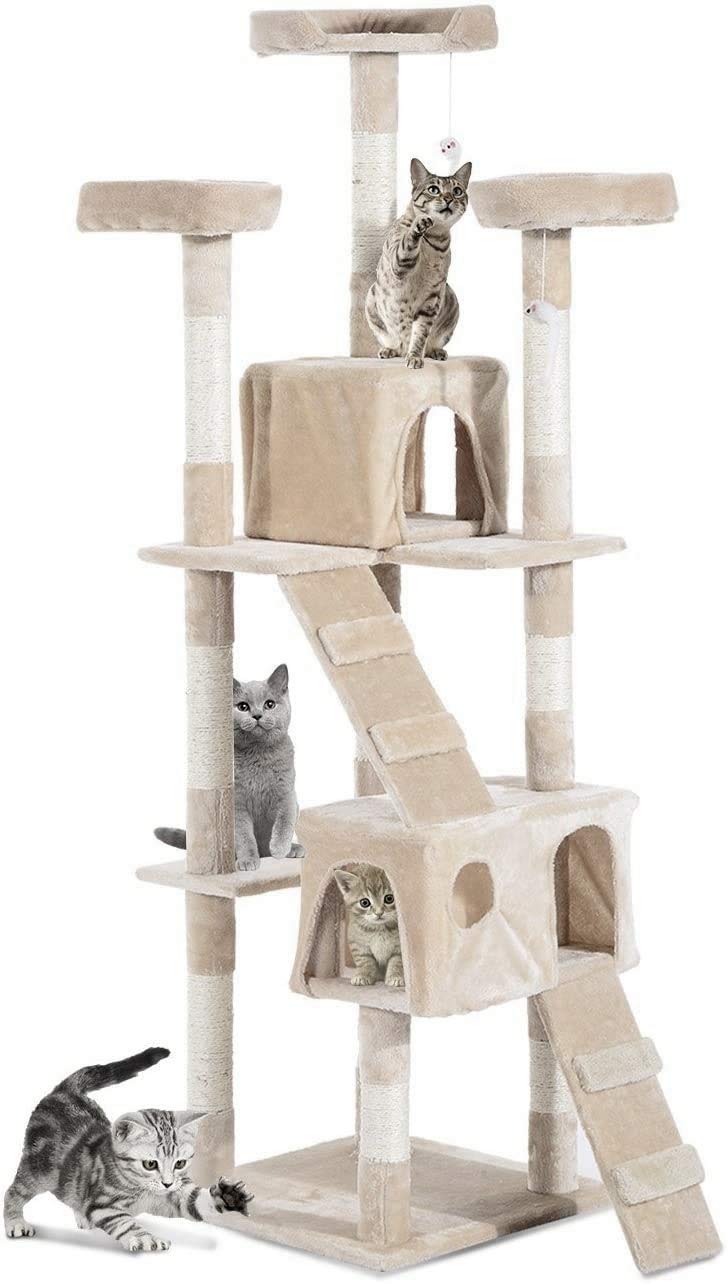 Mumoo Bear 67” Multi-Level Cat Tree Tower, Kitten Condo House with Scratching Posts, Kitty Play Activity Center, Beige